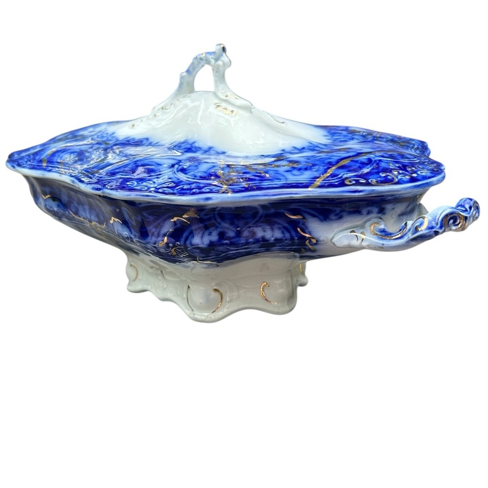RARE Wood & Sons Antique Flow Blue "Lakewood" Footed Covered Dish 1891-1907 - Picture 7 of 13